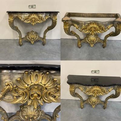 French Bronze Table with black marble