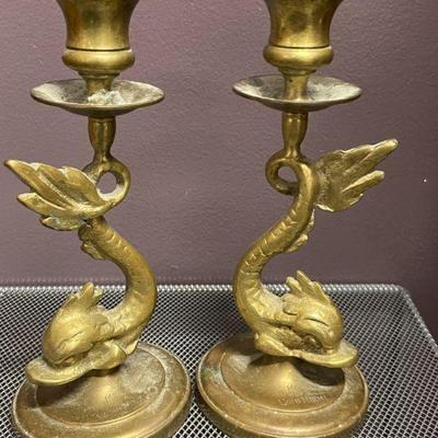 SOLID BRASS DOLPHIN CANDLESTICKS