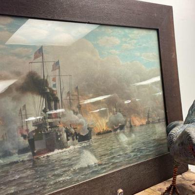 VERY OLD NAVAL BATTLE PRINT FRAMED - LARGE