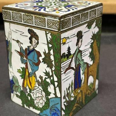 VTG JAPANESE CLOISANNE GEISHA BRASS/COBALT CLUE METAL TRINKET BOX
