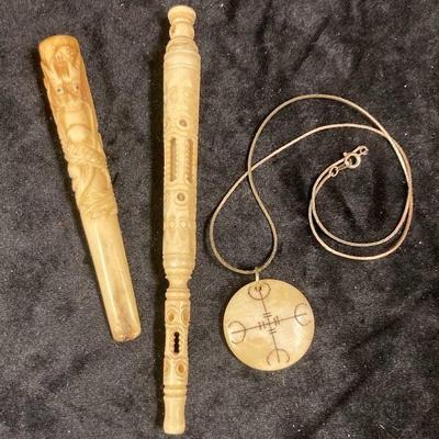 Carved bone pipe pieces and pendant