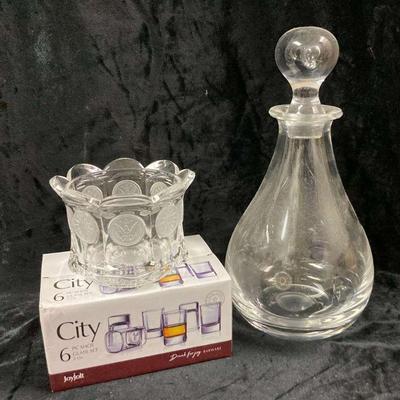 Darrington crystal decanter fostoria coin glass & shot glasses