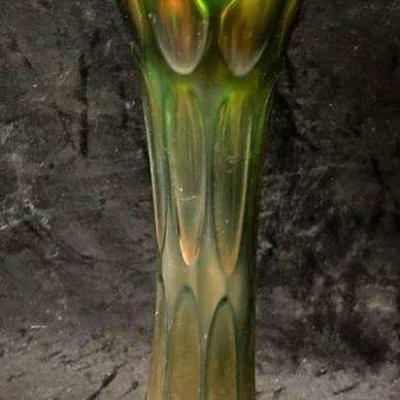 Fenton iridescent green glass thumbprint vase