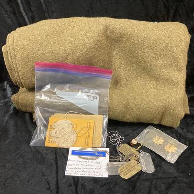 Vintage military pins dog tags and wool blanket