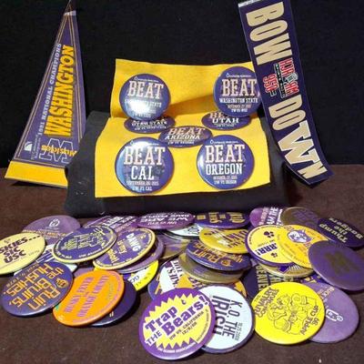 U Of W Huskies * 50 Buttons 1978 - 2018 * Bumber Sticker And Small Huskies Pennant *
