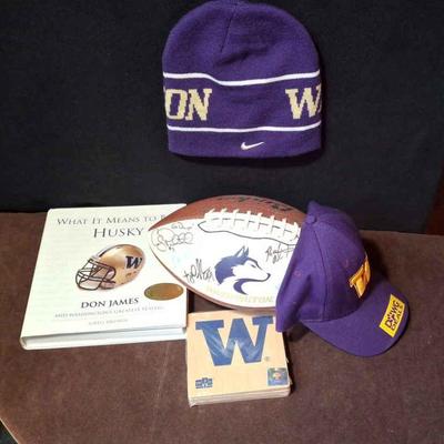 Autographed Book On Don James & The Huskies * Signed Football * Nike Beanie * Huskies Cap *
