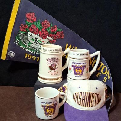 U Of W Huskies * Collector's Rose Bowl Mugs & Pennant * Huskies Cap And Huskies Mug
