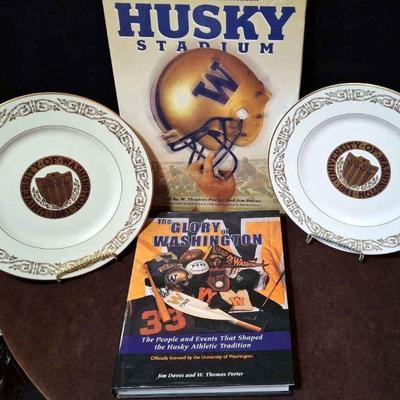 U Of W Huskies * 2 Alumni Collectors Plates * 2 Husky Stadium Coffee Table Books *
