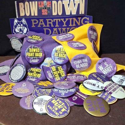 U Of W Huskies * 50 Buttons From Varied Years * Partying Down & BOW DOWN Bumper Stickers *
