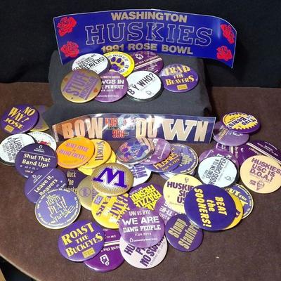 U Of W Huskies * 50 Buttons 1978- 2018 * '91 Rose Bowl Bumber Sticker * BOW DOWN Bumper Sticker *
