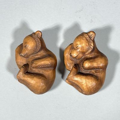 (2pc) PAIR SLEEPING BEARS | Pair of wood-carved sleeping bear figures. - h. 1.5 x w. 3 x l. 4.5 in

