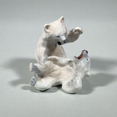 ROYAL COPENHAGEN WRESTLING POLAR BEARS | Royal Copenhagen porcelain figurine of 2 polar bear cubs playing/wrestling, no. 1107 - h. 5.5 x...