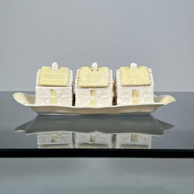Belleek Shakers | Set of Belleek porcelain house-form Salt & Pepper shakers and sugar bowl with wooden spoon on a small tray - h. 2.5...