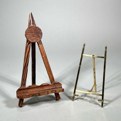 (2pc) EASEL FRAMES | Two tabletop easel / frame stands, including a wood carved easel and a brass folding easel - h. 13.5 x w. 7 x d. 6...