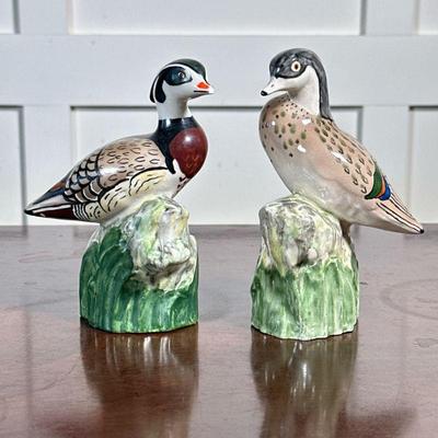 (2pc) Porcelain Bird Figures | In the French style, one signed on the bottom - h. 5.75 x w. 3.5 in

