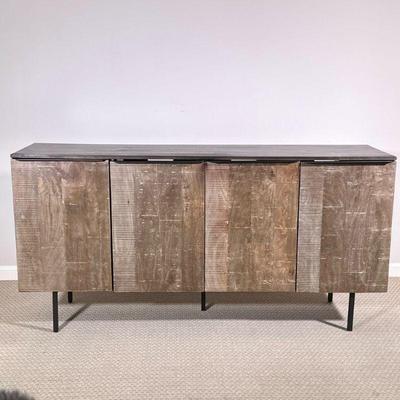 MODERN WOOD CABINET | Distressed wood media/accent cabinet with four doors opening to two shelves, on modern legs. - h. 32 x w. 64 x d....