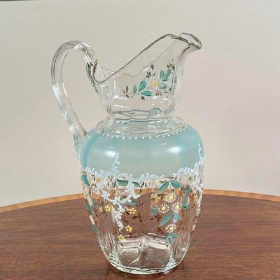 JEWELED & PAINTED GLASS PITCHER | Gilt, jeweled, and painted pitcher - h. 11 in

