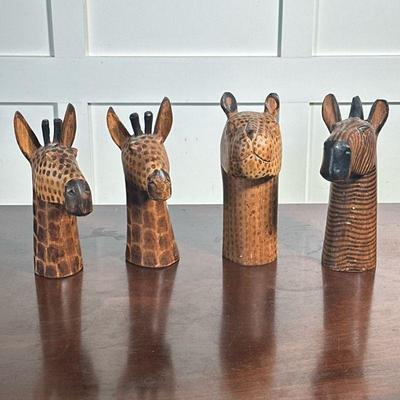 (4pc) Carved Animal Figures | Carved wood giraffe, zebra, and leopard figures. - h. 7.75 in (tallest)

