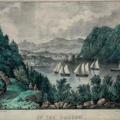 CURRIER & IVES HUDSON LITHOGRAPH | Up the Hudson. Published by Currier & Ives, 125 Nassau St. New York. In a silvered frame....