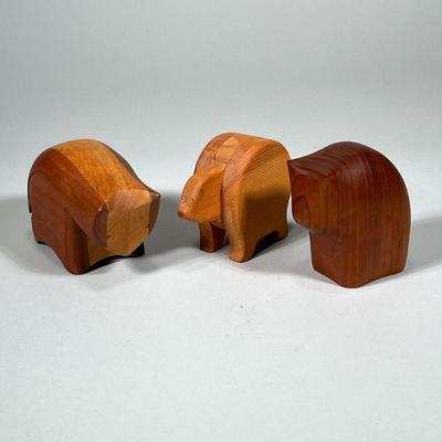 (3pc) CARVED ABSTRACT BEARS | Including: 2 piece carved bear with felt lined pocket, carved bear with small pocket, and abstract carved...