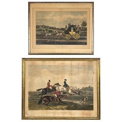 (2pc) ENGLISH COLOR ENGRAVINGS | Including Stage Coach print by J. Pollard & F. Rosenberg (12.5 x 17.5 in. sight), and J. F....