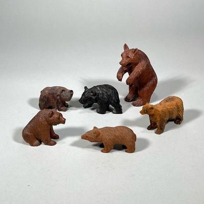 (6pc) WOOD BEAR FIGURINES | Carved wood bear figurines including 1 artist signed “J. Pinal” - h. 5.5 x w. 2.5 x l. 4 in (largest)

