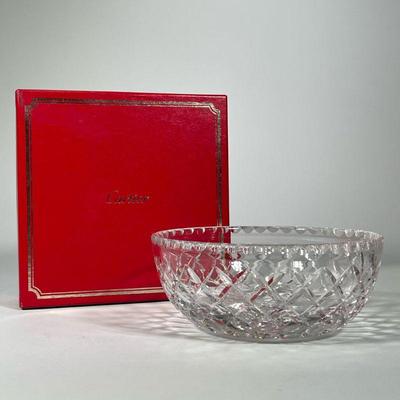 Cartier Cut Crystal Bowl | Cut crystal glass fruit or center bowl, with acid etched signature on bottom, in a red Cartier box. - h. 3.75...