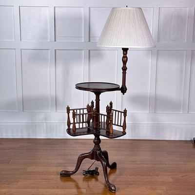 ANTIQUE SIDE TABLE WITH LAMP & BOOKMILL | On tripod-footed base - h. 51 x w. 26 x d. 20 in

