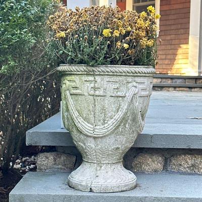 CONCRETE PLANTER URN | Concrete planter urn with ribbon relief - h. 15.5 x dia. 14 in

