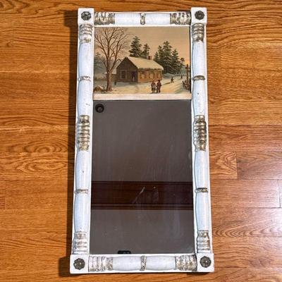 Half Spindle Wall Mirror | White paint and gilt with a panel showing a winter scene. - h. 31 x w. 15.5 in

