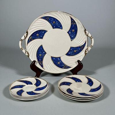 (9pc) Belleek Porcelain Dishes | Cobalt blue swirled pattern with gilt rims and highlights, including a double-handled dish, three small...