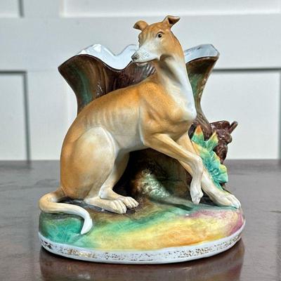 GREYHOUND SPILL VASE | Porcelain-painted greyhound figure with tree trunk spill vase. - h. 5.5 x w. 4.25 x l. 5 in

