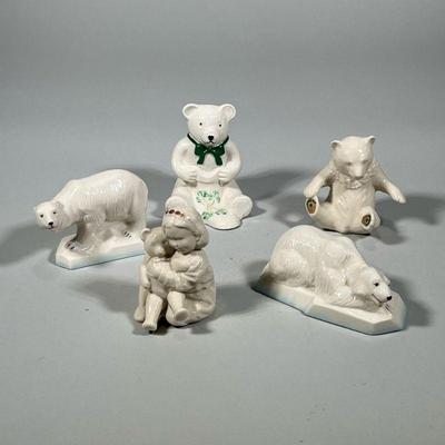 (5pc) LENOX & BELLEEK BEAR FIGURINES | Including: Belleek Polar Bear No. 1 Standing, Belleek Polar Bear No. 2 Sitting and Blarney Teddy...