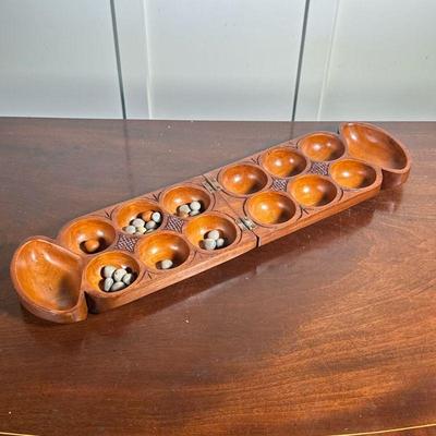 Carved Wood Mancala Board | Folding mancala board with carved decorations - h. 3 x w. 6 x l. 11.75 in (closed)

