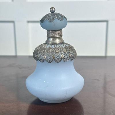 SILVER OVERLAY PERFUME BOTTLE | Light blue glass perfume bottle with silver overlay - h. 5.25 x dia. 3.25 in

