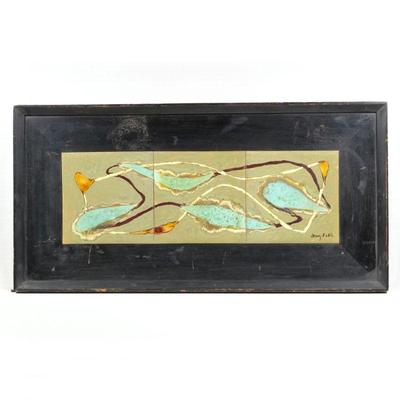 JENNY FOHR (20th Century) | Three handmade glazed mid-century ceramic tiles inset in a black painted wood frame, signed lower right; 6 x6...