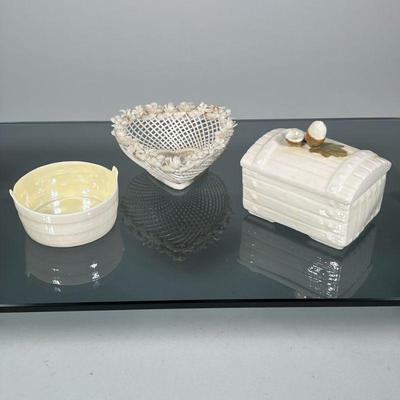 (3pc) BELLEEK BOWLS & OTHER | Including a heart shaped woven porcelain basket with fine floral rim, a lidded porcelain box, and a...