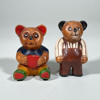 (2pc) CARVED WOOD TEDDY BEARS | Carved wood & painted teddy bear figures - h. 4.5 x w. 3 x l. 3 in

