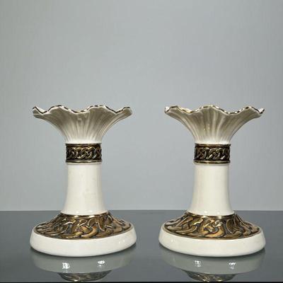 (2pc) PAIR BELLEEK CANDLESTICKS | Pair of Belleek candlesticks with gilt accent - h. 5 x dia. 4 in


