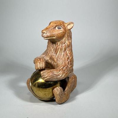 LARGE CARVED CIRCUS BEAR | Large carved wood bear figure with brass ball - h. 13 x w. 8 x l. 9 in

