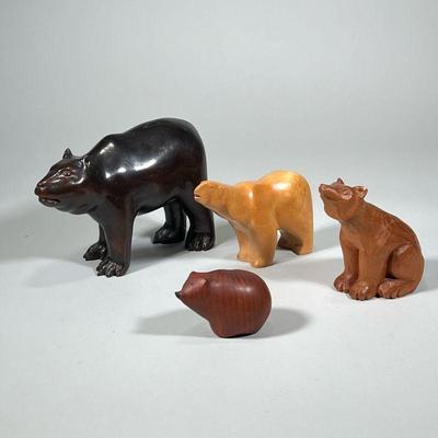 (4pc) CARVED WOOD BEARS | Lot of 4 carved wood bears. - h. 7 x w. 4 x l. 10 in (largest)

