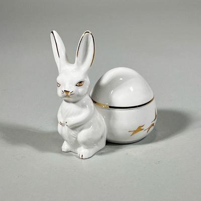 PORCELAIN RABBIT BOWL | Premier fine bone China rabbit form lidded box / bowl with gilt accents - h. 5 x w. 3 x l. 5 in

