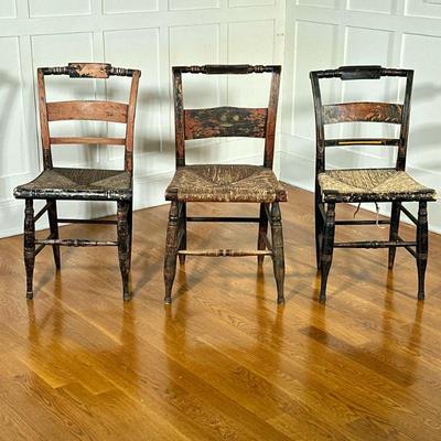 (3pc) ANTIQUE FANCY CHAIRS | Antique rush seat fancy chairs with painted curved backs over spindle carved legs. - h. 34 x w. 18 x d. 18 in