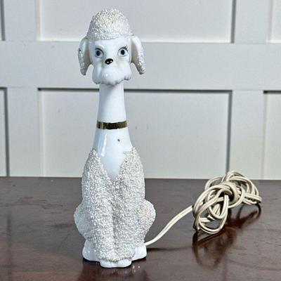 GLASS POODLE LAMP | Milk glass table lamp in the form of a poodle with gilt collar - h. 8.5 x w. 3 x d. 4 in

