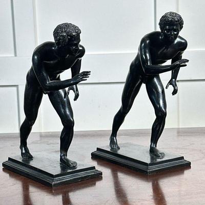 PAIR BRONZE RUNNERS | Pair of painted bronze runners/wrestler sculptures - h. 9 x w. 3.25 x l. 7.5 in

