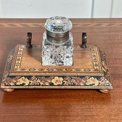 Micro Mosaic Inkstand | Micro mosaic Standish quill or pen holder with cut crystal inkwell. - h. 3.5 x w. 3.75 x l. 6 in

