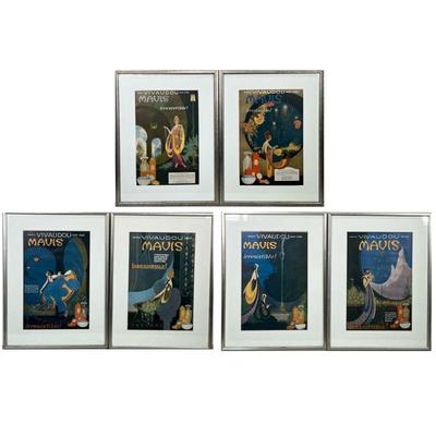 (6pc) VIVAUDOU MAVIS POSTERS | 20th century reproductions of Vivaudou Mavis perfume advertisement posters, each matted in a silvered...
