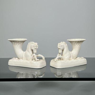 PAIR BELLEEK HORSE CANDLESTICKS | Pair of Belleek horse and cornucopia-form candlesticks with cornucopia back - h. 3.5 x w. 2.5 x l. 5 in

