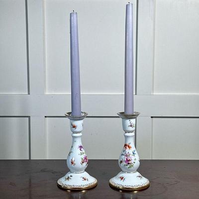 (2pc) Pair Dresden Candlesticks | With floral pattern and gilt rims, marked on the bottoms - h. 6.5 x dia. 3.5 in

