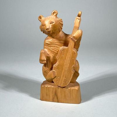 RUSSIAN CARVED MUSICAL BEAR | Carved wood bear with cello, marked on bottom “Made in USSR” - h. 10.5 x w. 4 x l. 5 in

